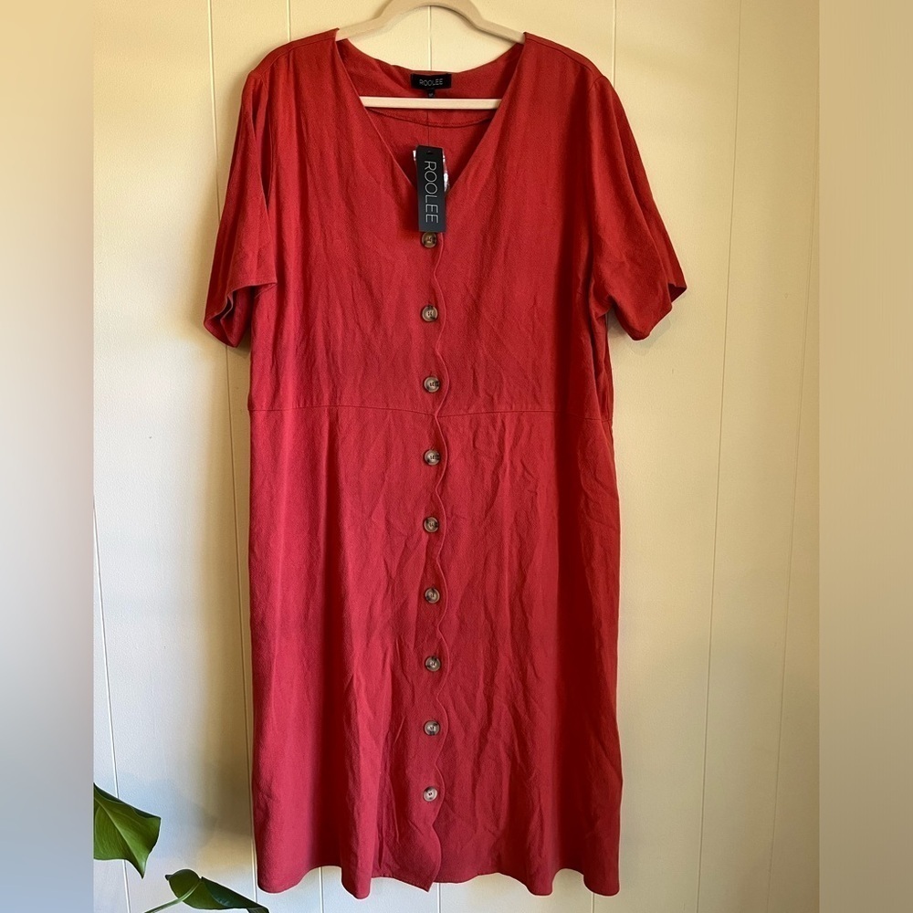 NWT Roolee Scalloped Linen Blend Button Down Red Pink Short Sleeve Dress… - Picture 4 of 11